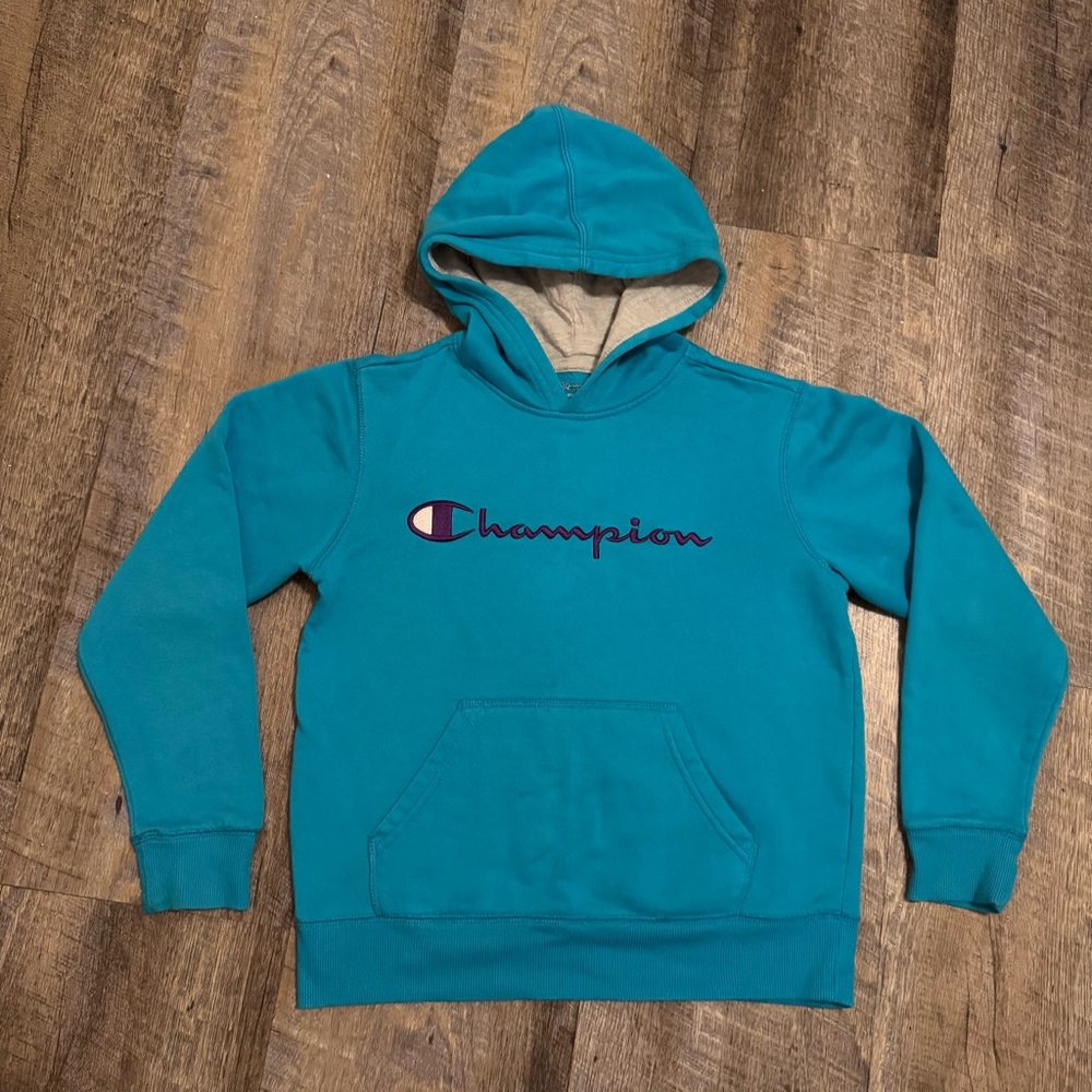 Champion Youth Hoodie Medium Teal Purple Logo Pullover Sweatshirt Kids Fleece